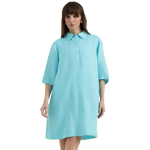 United Colors of Benetton Regular Fit Spread Collar Solid Dress (Size : XS) - 26P4WVNDR301ITQ1 Turquoise