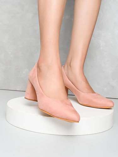 XE Looks Pink Cream Pumps | Chic Suede Finish | Comfortable & Trendy Block Heel For Girls & Womens