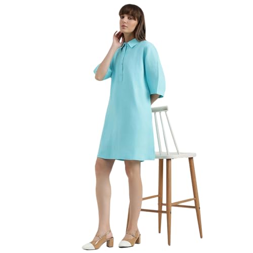 United Colors of Benetton Regular Fit Spread Collar Solid Dress (Size : XS) - 26P4WVNDR301ITQ1 Turquoise