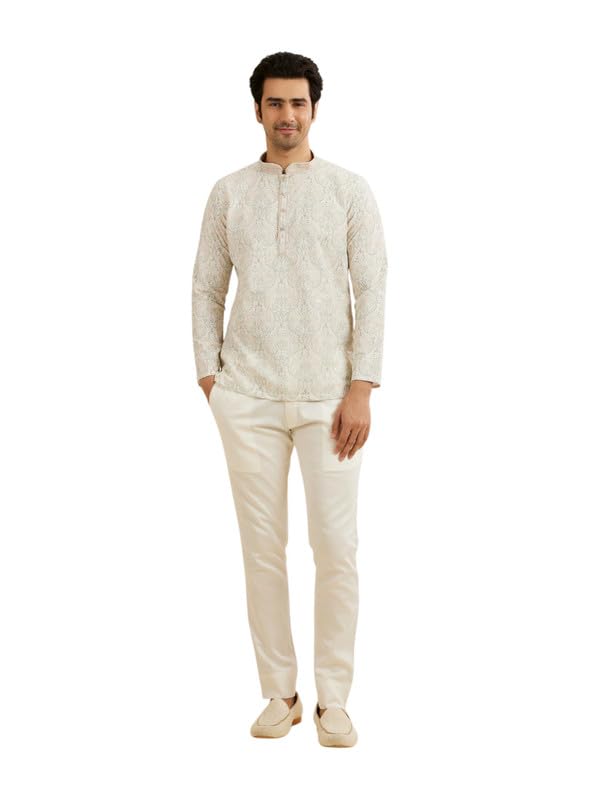 Manyavar Men's Cotton Blend Paisley Embroidery Short Kurta (Pista Green,M)