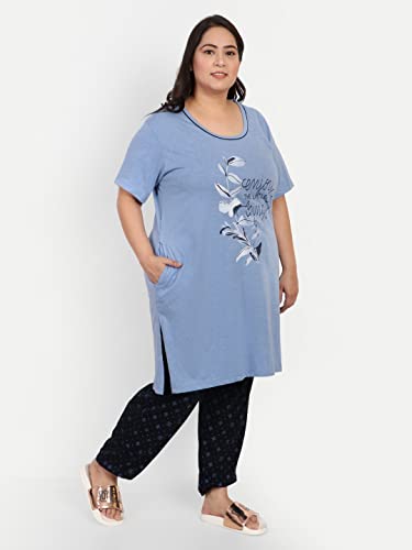 CUPID Woman Printed Plus Size Cotton Night Dress, Loungewear, Nightwear, Night Suit, Daily Use Top n Pyjama Set with Pocket for Ladies_Black/Blue_7XL