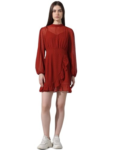 ONLY Women's Polyester Fit and Flare Above The Knee Dress (15338175-Red Ochre_Red