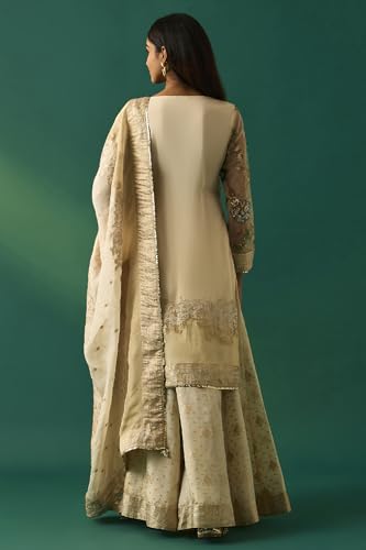 Wishful Women's Beige Floral Embroidered Tissue Straight Kurta with Sharara and Dupatta Set - (SP11495-401103-XXL)