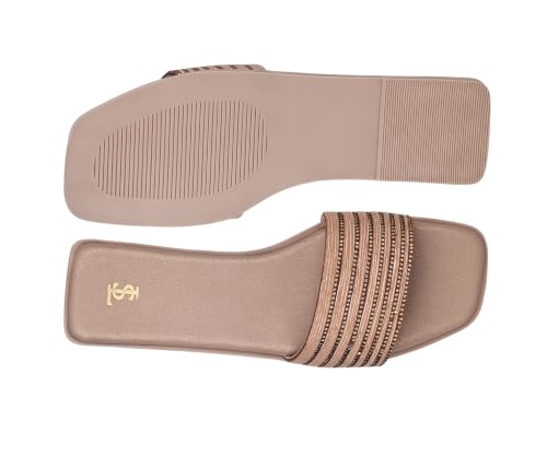 LOUIS STITCH Women’s Champagne Gold Elegant Flat Sandals with Rhinestone Studded Straps | The Embellished Series | Luxury Comfort Slip-On Flats for Women | Perfect for Travel, Casual & Daily Wear | LSLD-FL05 | UK-5