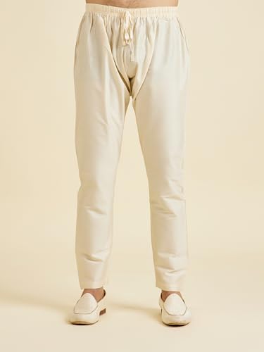 Manyavar Men's Art Silk Textured Neckline Embroidered Kurta Pyjama Set(Pink,M)