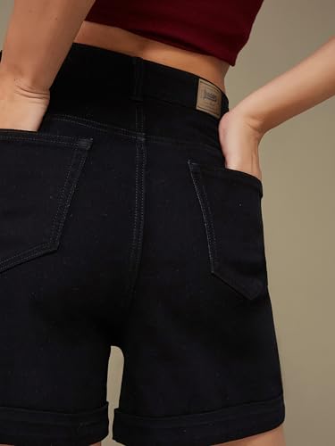 Miss Chase Women's Flared High Rise Regular Stretchable Denim Shorts (MCAW25DEN62-73-979-28, Cherry Black, 28)