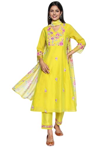 W for Woman Floral Embroidered Flared Chanderi Kurta with Straight Pant and Dupatta Set - Yellow (WS12917-223750-L)