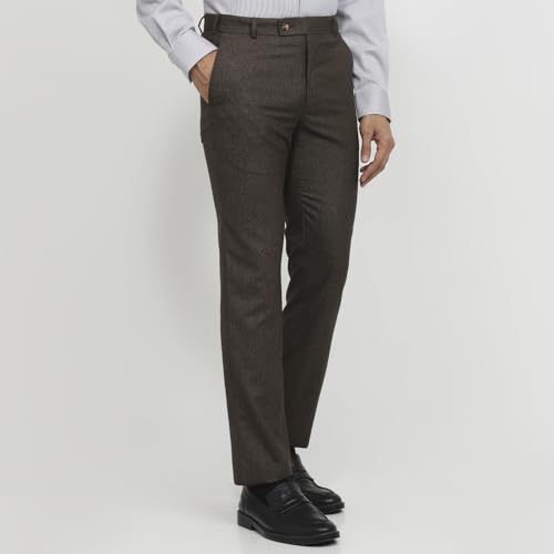 Raymond Men Slim Fit Checks Pattern Polyester Blend Flat Front Formal Trouser Dark Brown