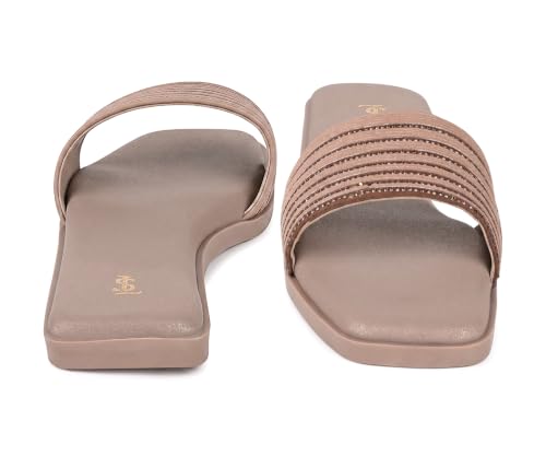 LOUIS STITCH Women’s Champagne Gold Elegant Flat Sandals with Rhinestone Studded Straps | The Embellished Series | Luxury Comfort Slip-On Flats for Women | Perfect for Travel, Casual & Daily Wear | LSLD-FL05 | UK-5