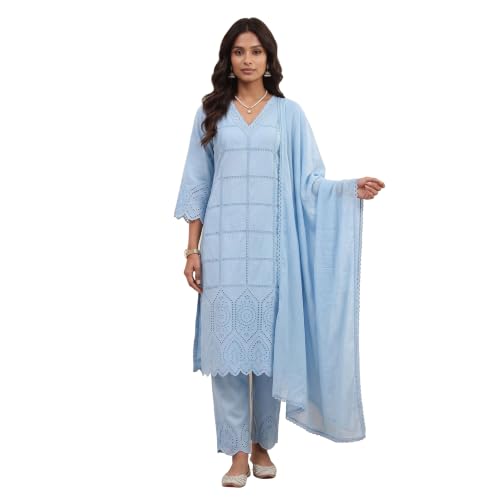 BIBA 100% Cotton Solid Casual Straight Kurta With Palazzo And Dupatta