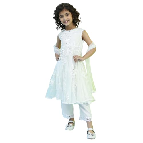Biba Girl's Nylon Kurta, Bottom, Dupatta (KWMOGRA6301SS25OWHT_Off White