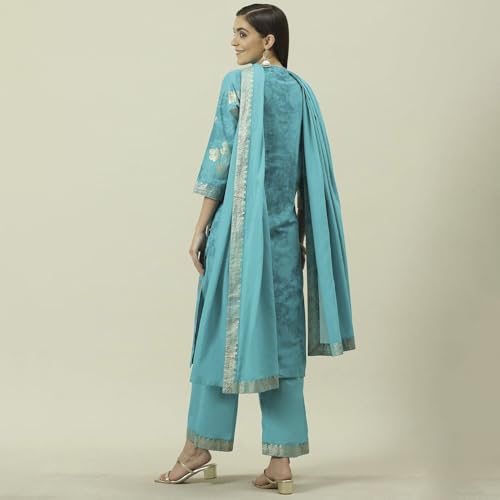 BIBA Women Cotton Straight Printed Suit Set(SKDSKD8043E_3XL_Turquoise)