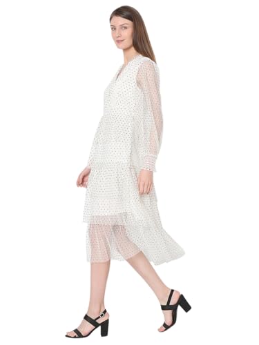 VERO MODA Women Polka Dots White Polyester Midi Length Fit and Flare Dress