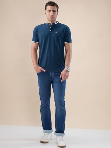 Status Quo Men's Solid Henley Neck Half Sleeves Regular Fit T-Shirt with Tipping Details | 67% Rayon 24% Nylon 9% Lycra | DK.Teal | 3XL