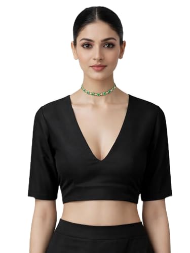 Thevasa Women's Taffeta Deep V Blouse (Taffeta Black, 44)