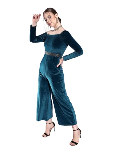 Miss Chase Women's One Shoulder Full Sleeve Solid Asymmetric Regular-Length Velvet Jumpsuit (MCSS23D98-49-83-05, Teal, L)