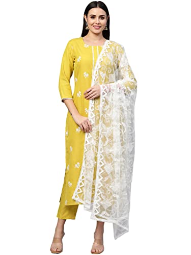 GoSriKi Women's Cotton Blend Embroidered Kurta with Pant & Dupatta (Mukund Yellow_L-Go_Yellow_Large)