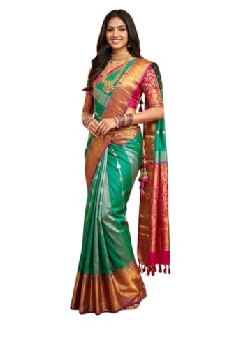 VFCollections Women's Traditional Handloom Kanchipuram Silk Saree with Rich Royal Golden Zari and Traditional Border – | Rich Zari Woven Design | Bridal Saree | Unstitched Blouse (VFC682-8)