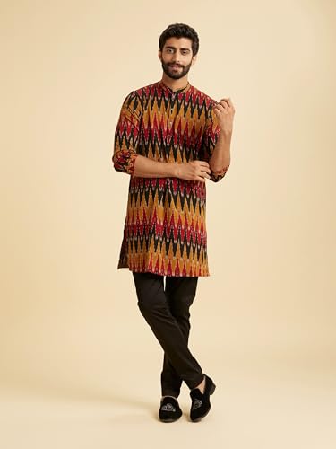Manyavar Men's Cotton Blend Ikat Prints Full Sleeves Casual Mid-Length Kurta (Mustard,XL)