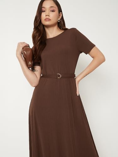 Max Women Textured A-line Belted Dress (Brown_M)
