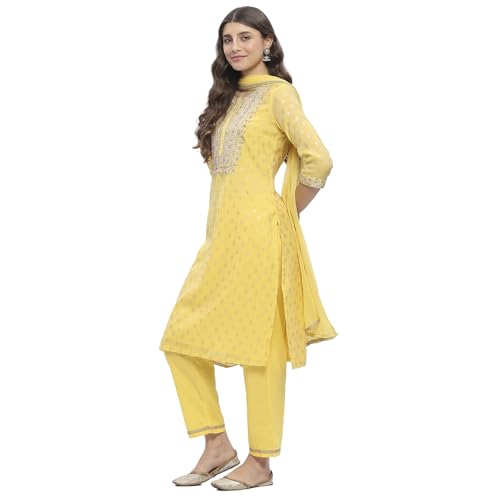 BIBA Women's Yellow Polyester Straight Kurta Sets_42