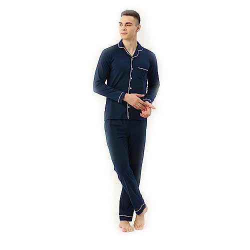 NITE FLITE Picasso Blue Mens Cotton Nightwear Full Sleeve | Top and Pyjama Set (Navy Blue, XXL)