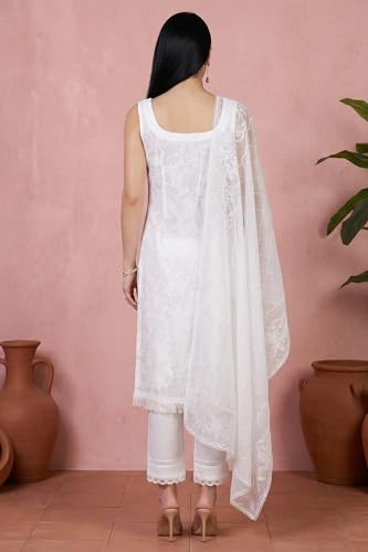 W for Woman White Lace Floral Printed Straight Kurta With Parallel Pants And Brasso Dupatta Set - (WS13806-127583-S)
