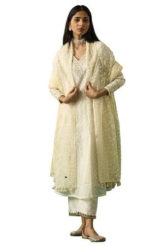Wishful Women's Off-White Embroidered Anarkali Cotton Blend Kurta with Straight Pants and Dupatta Set - (SP12572-314255-L)