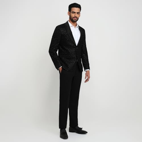 Park Avenue Men Modern Slim Fit Solid Pattern Pure Polyester Shawl Collar Full Sleeve Ceremonial Suit Black