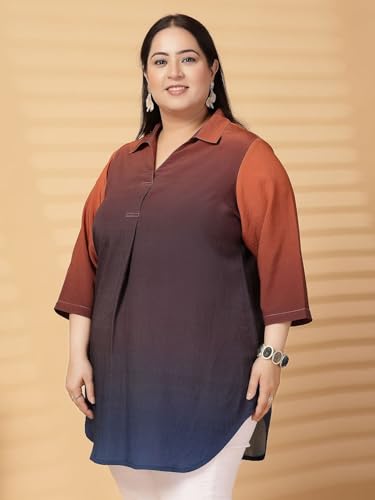 Women Plus Size Ombre Pleated Shirt Collar Regular Top (FSTP23491-BROWNOMBRE-6XL)