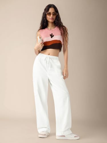The Souled Store Pull on Denim: Astral White Women and Girls Elastic Waistband White Solid Cotton Lightweight Utility Casual Trendy Straight Fit Cargo Pants