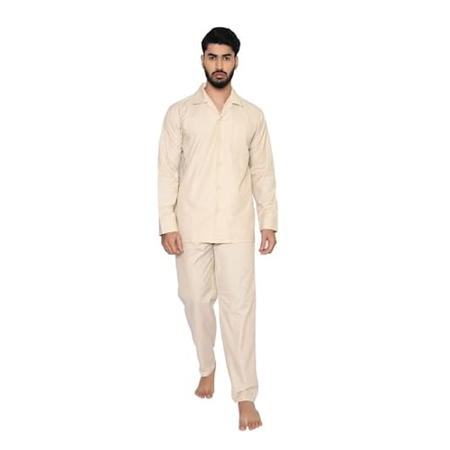 Tatwam FILAFIL Cotton RICHED with Polyester Mens Nightsuit with Fully Elastic Pajama and Buttoned Full Sleeve TOP Size-L,L.Fawn