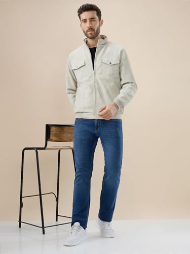 Status Quo Men's Solid Suede Finish Stand Collar Regular Fit Jacket | 100% Polyester | BEIGE | L Size