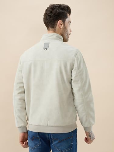 Status Quo Men's Solid Suede Finish Stand Collar Regular Fit Jacket | 100% Polyester | BEIGE | L Size