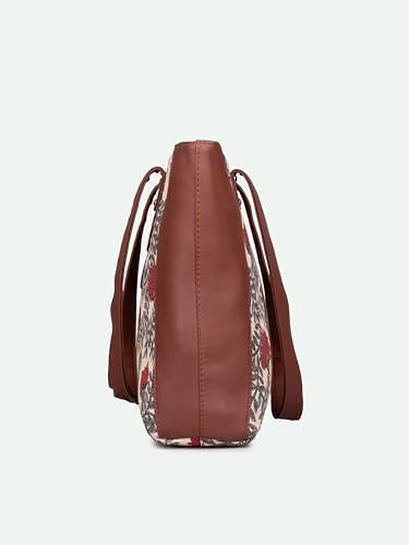 ZOUK Nawabi Couture Floral Printed Women Jute Vegan Leather Red & Beige Side Tote Bag For Ladies With Double Handle