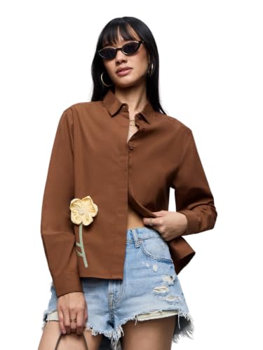 The Souled Store Daisy Women and Girls Full Length Collared Brown Embellished Cotton Relaxed Fit Breathable Shirt for Casual Wear Street Wear