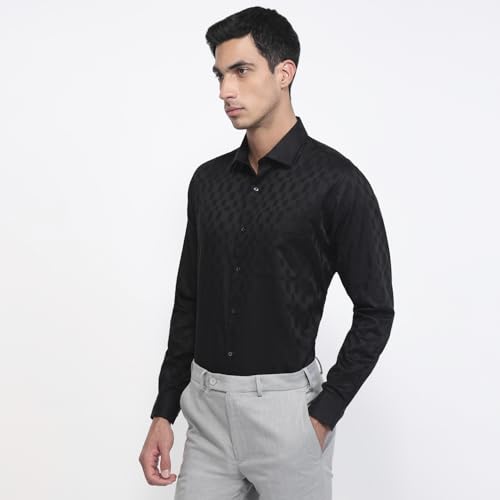 Raymond Men Slim Fit Structure Pattern Pure Cotton Semicutaway Collar Full Sleeve Shirt Black