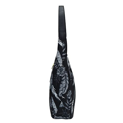 Anuschka Large Sling Hobo - Wanderlust Collection - Nylon Fabric with Genuine Leather Trim and Artwork Print - Jungle Macaws