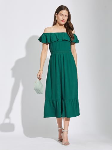 Latin Quarters Women Green Square Neck Cap Sleeves Solid Below Knee A-Line Dress for Casual Wear_M