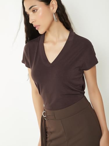 Max Women Solid T-Shirt (Brown_XS)