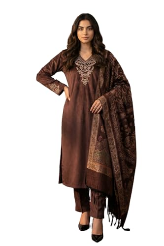W for Woman Brown Embroidered Zari Work Straight Kurta with Pant and Dupatta Set - (WS13435-224206-XS)