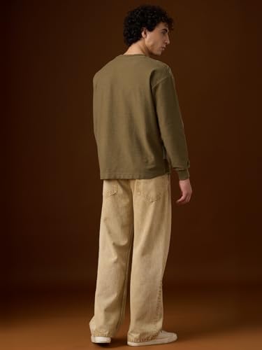 The Souled Store Nomad: Stone Carvings Men and Boys Long Sleeves Round Neck Green Printed Tribal Drop Shoulder Casual Streetwear Oversized Full Sleeve T-Shirt