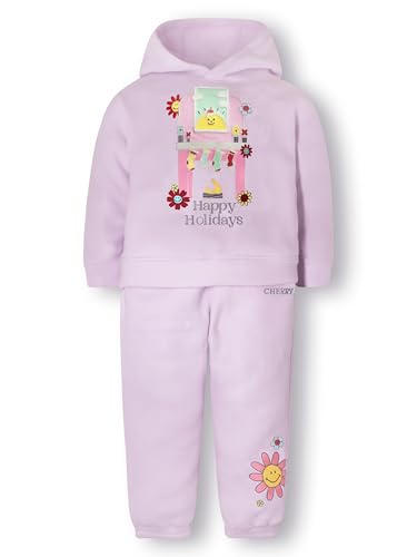 Cherry Crumble Lilac Solid Polyester Hooded Applique with Embroidery Girls Winter Sweatshirt Set