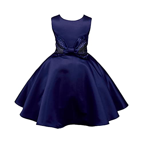 Hopscotch Girls Polyester Satin Sleeveless Bow Applique Party Fit And Flare Knee-Length Dress in Navy Color for Ages 5-6 Years (HSP-3780071)