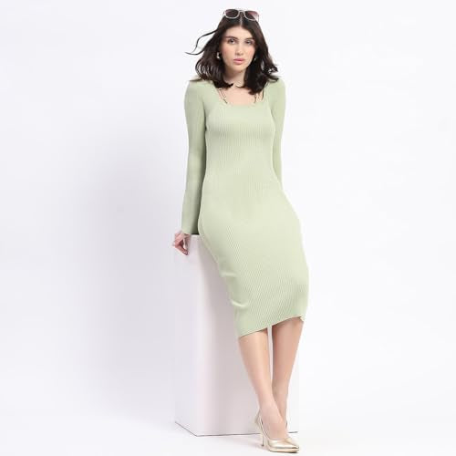 Madame Mint Green Knitted Midi Dress with Flounce Sleeves