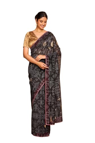 Taneira Women Black Printed Embroidered Pure Silk Cotton Saree with Unstitched Blouse Piece (SAIP03AC2558-Black)