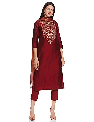 BIBA WOMEN EMBROIDERY SALWAR KURTA DUPATTA(SKDROYAL RA7630_MAROON_32)