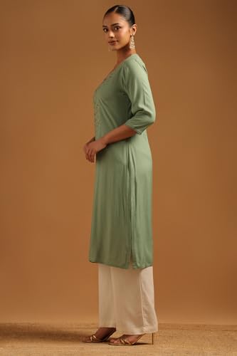 Soch Womens Sap Green Rayon Floral Kurta with Machine Embroidery and Thread Work