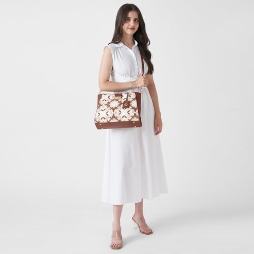 Caprese Shibori Large Satchel Bag for Women | Printed Faux Leather Shoulder Bag with Adjustable & Detachable Strap and Multi-Compartments | Zipper Closure | Everyday Office,Travel & Casual Use (Brown)