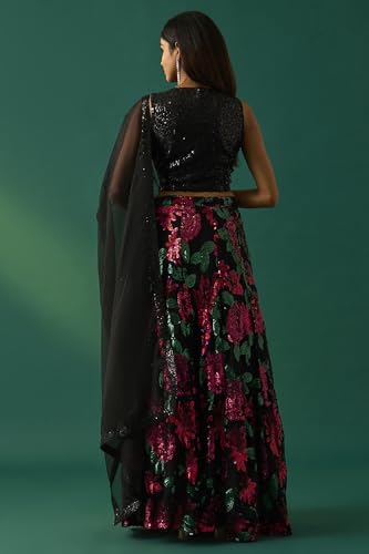 Wishful Women's Black Sequined Embellished Blouse with Skirt and Dupatta Set - (SP11498-401218-M)